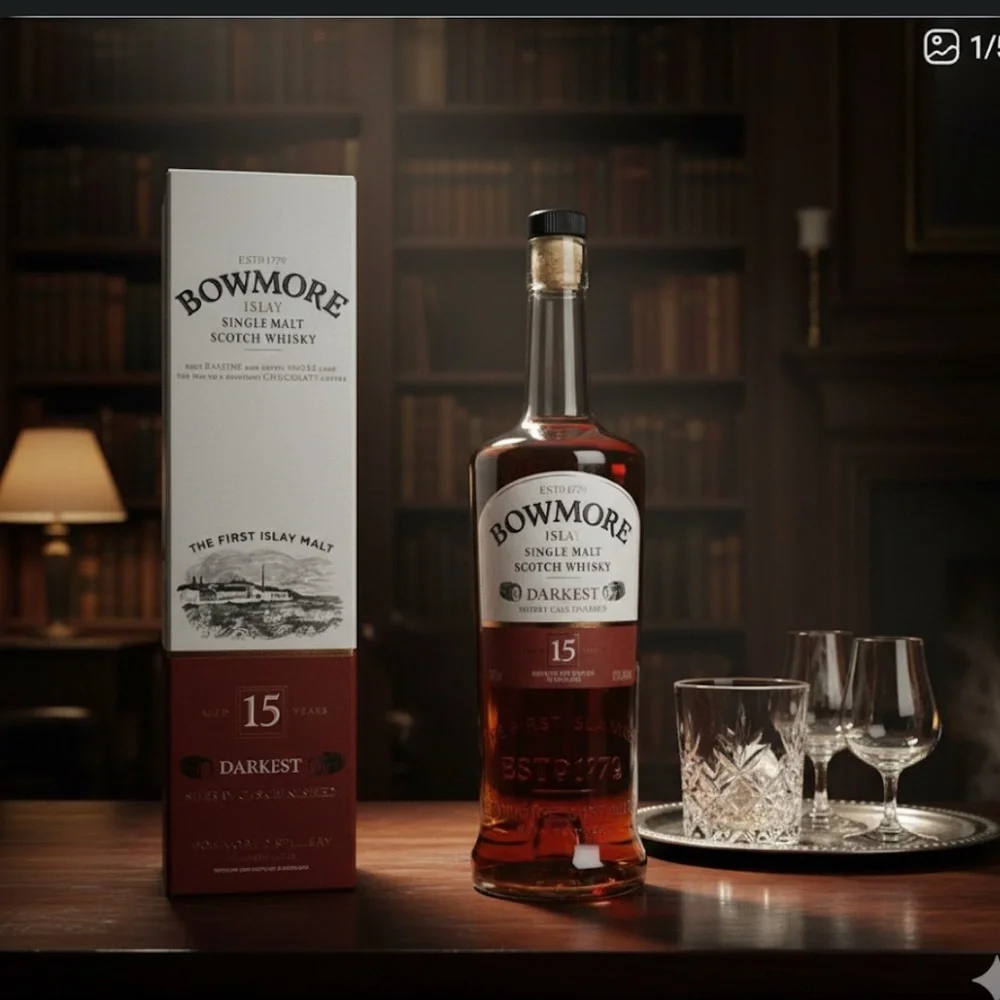 Bowmore Darkest - Empty 15 Year Single Malt Scotch‎ Whisky Bottle, Box + Cork